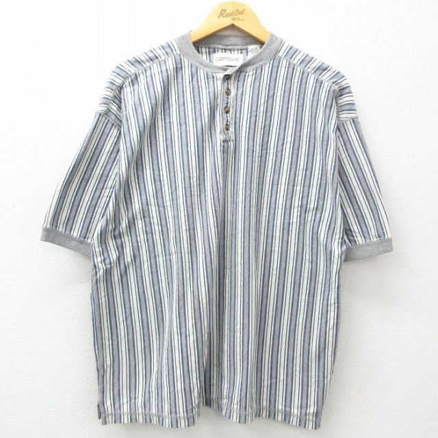 XL★古着 キャンパス 半袖 ビンテージ Tシャツ メンズ 00年代 00s 大きいサイズ コットン ヘンリーネック 紺他 ネイビー ストライプ 25apr23 中古