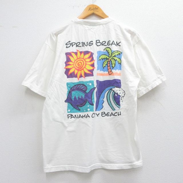 L★古着 半袖 ビンテージ Tシャツ メンズ 90年代 90s 太陽 ヤシの木 魚 コットン クルーネック 白 ホワイト 25apr24 中古