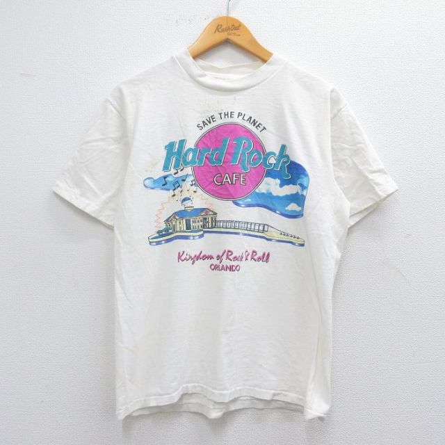 M★古着 半袖 ビンテージ Tシャツ メンズ 90年代 90s ハードロックカフェ ギター オーランド コットン クルーネック USA製 白 ホワイト 25apr24 中古