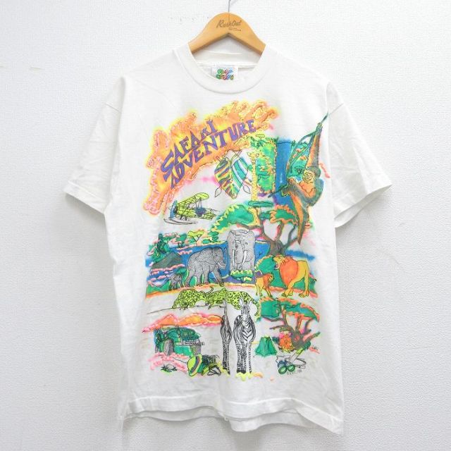 L★古着 半袖 ビンテージ Tシャツ メンズ 80年代 80s ゾウ シマウマ ライオン クルーネック USA製 白 ホワイト 【spe】 25apr24 中古