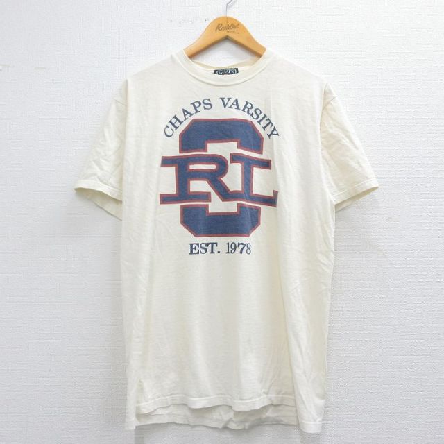 L★古着 ラルフローレン Ralph Lauren チャップス 半袖 ビンテージ ブランド Tシャツ メンズ 80年代 80s ビッグロゴ コットン クルーネック USA製 生成り 【spe】 25apr24 中古