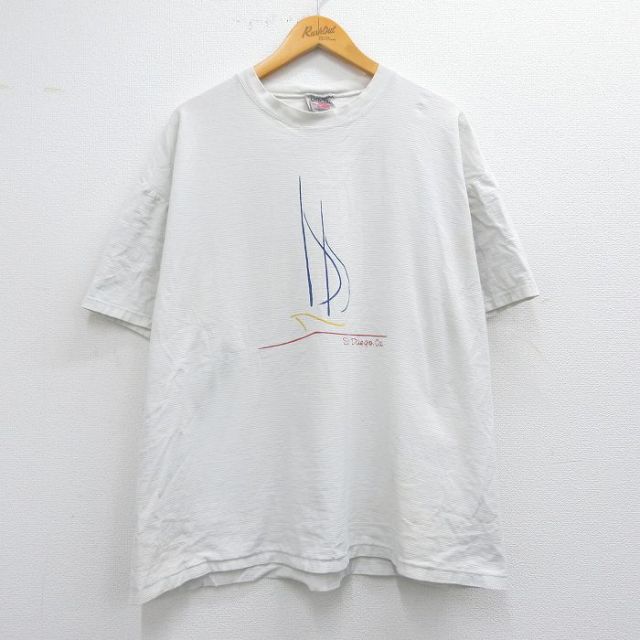 【50%OFF】XL★古着 オニータ ONEITA 半袖 ビンテージ Tシャツ メンズ 90年代 90s ヨット サンディエゴ 大きいサイズ コットン クルーネック USA製 薄グレー ボーダー 25apr24 中古