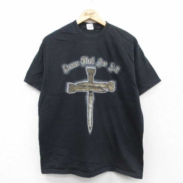 L★古着 ヘインズ Hanes 半袖 ビンテージ Tシャツ メンズ 00年代 00s 十字架 コットン クルーネック 黒 ブラック 25apr24 中古