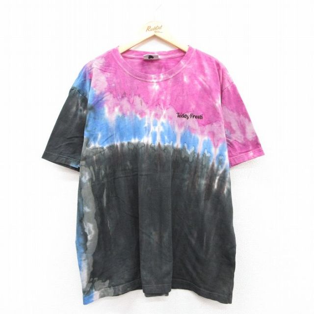 【20%OFF】XL★古着 半袖 Tシャツ メンズ テディーフレッシュ 大きいサイズ コットン クルーネック ピンク他 タイダイ 25apr24 中古