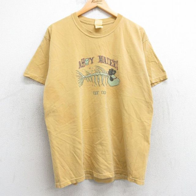 L★古着 半袖 ビンテージ Tシャツ メンズ 00年代 00s 魚 骨 コットン クルーネック 黄系 イエロー 25apr24 中古