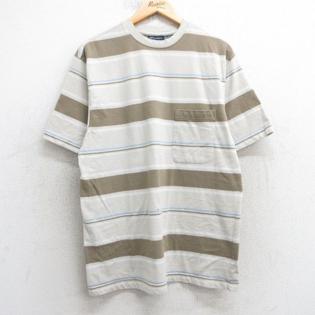 L★古着 ピューリタン 半袖 ビンテージ Tシャツ メンズ 00年代 00s 胸ポケット付き クルーネック 薄ベージュ他 カーキ ボーダー 25apr24 中古