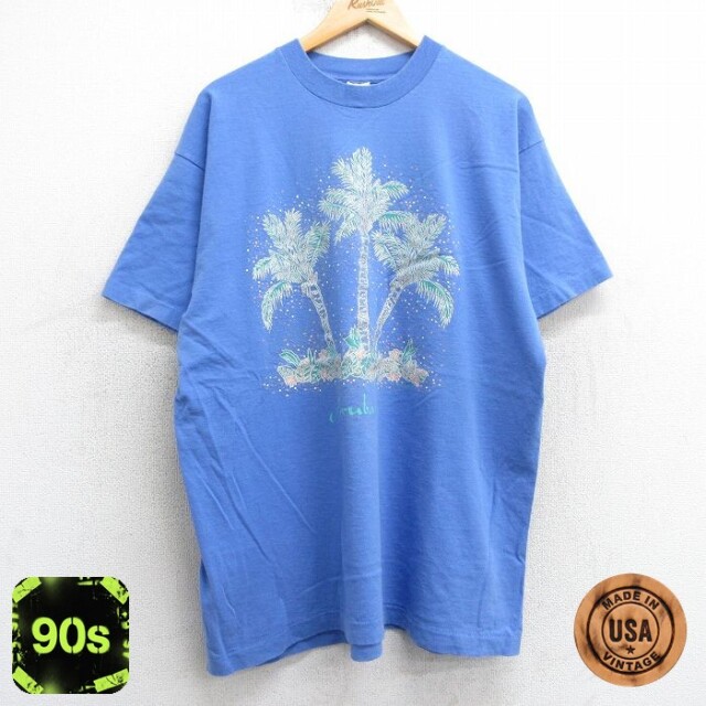 【50%OFF】フルーツオブザルーム 90s 半袖Tシャツ ヤシの木 ブルー XL | 古着