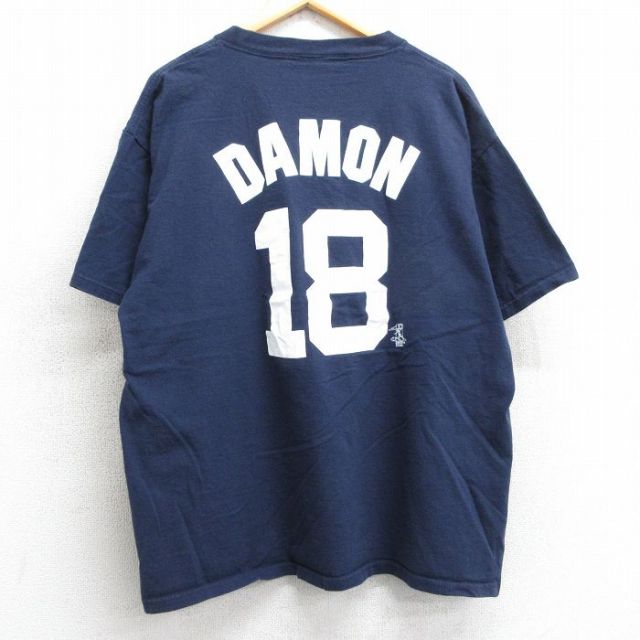 XL★古着 マジェスティック 半袖 ビンテージ Tシャツ メンズ 00年代 00s MLB ニューヨークヤンキース ジョニーデイモン 18 大きいサイズ コットン クルーネック 紺 ネイビー メジャーリーグ ベースボール 野球 25apr25 中古
