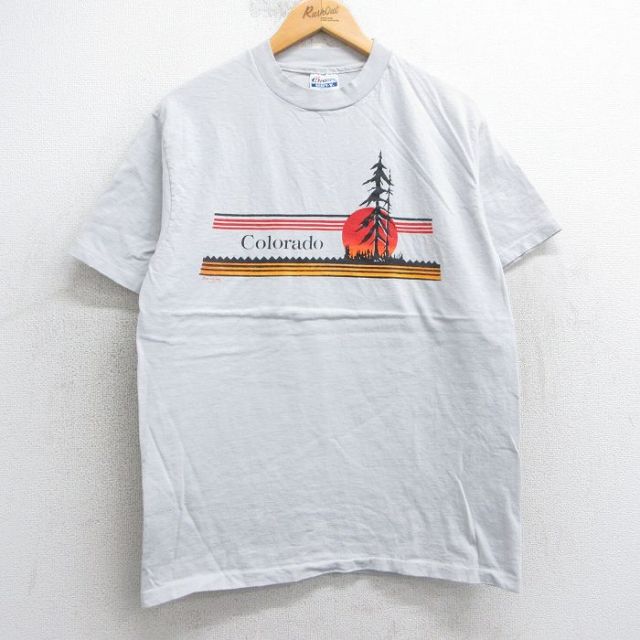 L★古着 ヘインズ Hanes 半袖 ビンテージ Tシャツ メンズ 80年代 80s コロラド 木 コットン クルーネック USA製 薄グレー系 25apr25 中古