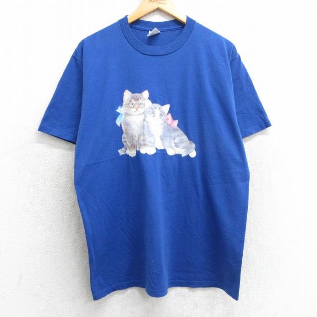 L★古着 ジャージーズ 半袖 ビンテージ Tシャツ メンズ 90年代 90s ネコ クルーネック USA製 青 ブルー 25apr25 中古