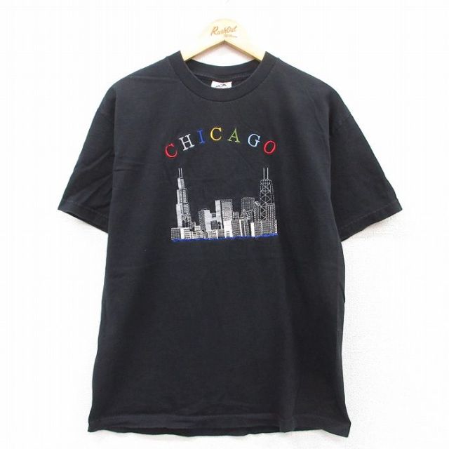 【50%OFF】L★古着 半袖 ビンテージ Tシャツ メンズ 00年代 00s シカゴ 刺繍 コットン クルーネック 黒 ブラック 25apr25 中古