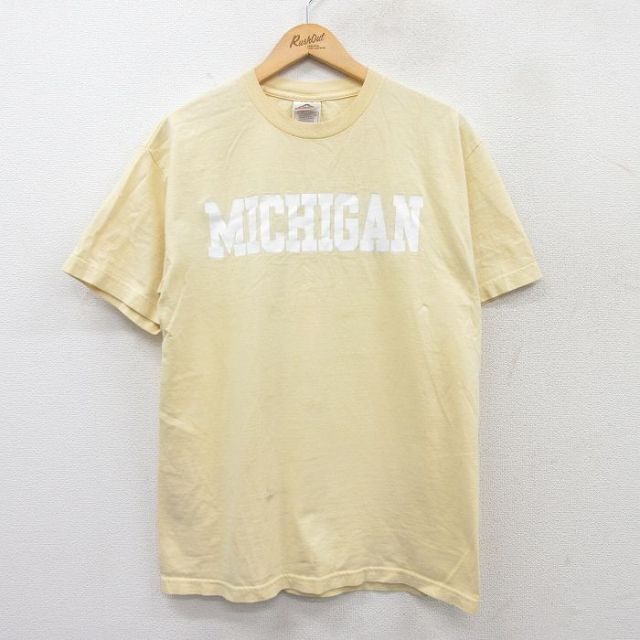 L★古着 半袖 ビンテージ Tシャツ メンズ 00年代 00s ミシガン コットン クルーネック 薄黄 イエロー 25apr25 中古