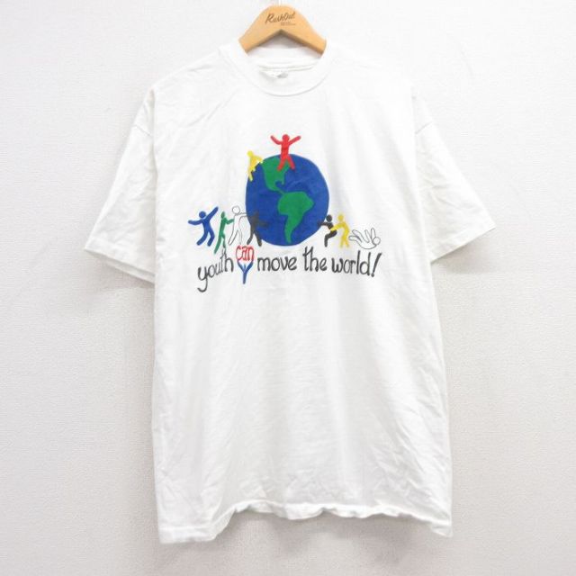 XL★古着 ヘインズ Hanes 半袖 ビンテージ Tシャツ メンズ 90年代 90s 地球 コットン クルーネック USA製 白 ホワイト 25apr28 中古