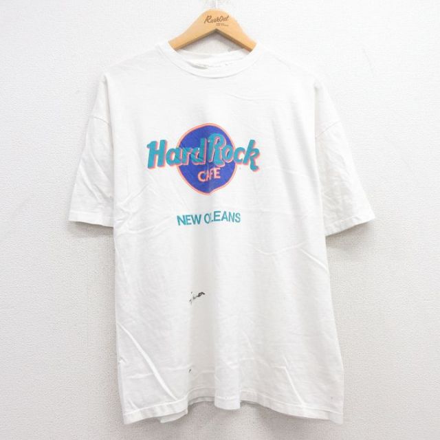 XL★古着 ヘインズ Hanes 半袖 ビンテージ Tシャツ メンズ 90年代 90s ハードロックカフェ ニューオーリンズ コットン クルーネック USA製 白 ホワイト 25apr28 中古