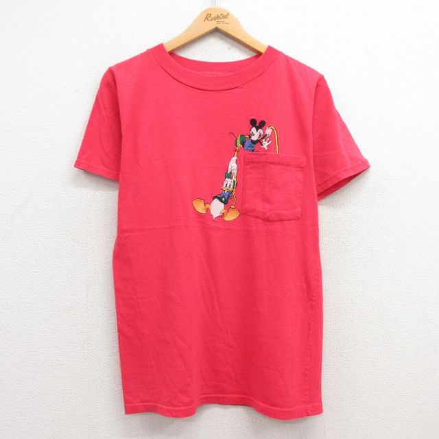 【50%OFF】M★古着 半袖 ビンテージ Tシャツ メンズ 00年代 00s ディズニー DISNEY ミッキー MICKEY MOUSE ドナルド 刺繍 胸ポケット付き クルーネック 赤 レッド 25apr28 中古