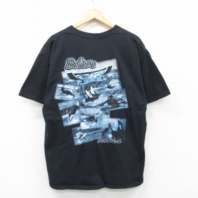 XL★古着 半袖 ビンテージ Tシャツ メンズ 00年代 00s シャチ コットン クルーネック 黒 ブラック 25apr30 中古