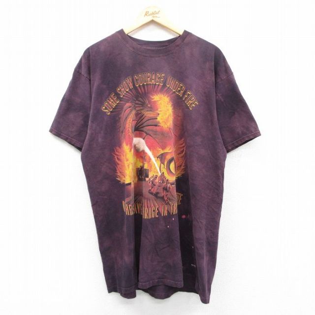 XL★古着 半袖 ビンテージ Tシャツ メンズ 00年代 00s 消防士 ドラゴン 大きいサイズ ロング丈 クルーネック 紫他 パープル タイダイ 25apr30 中古