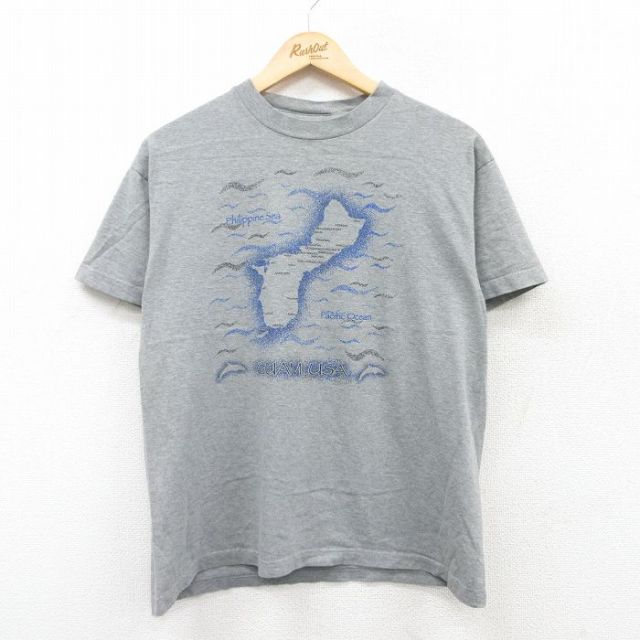 【50%OFF】L★古着 半袖 ビンテージ Tシャツ メンズ 90年代 90s グアム コットン クルーネック グレー 霜降り 25apr30 中古