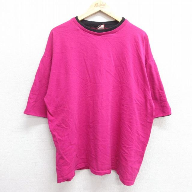 XL★古着 半袖 ビンテージ Tシャツ メンズ 90年代 90s 無地 大きいサイズ コットン クルーネック USA製 濃ピンク 25apr30 中古