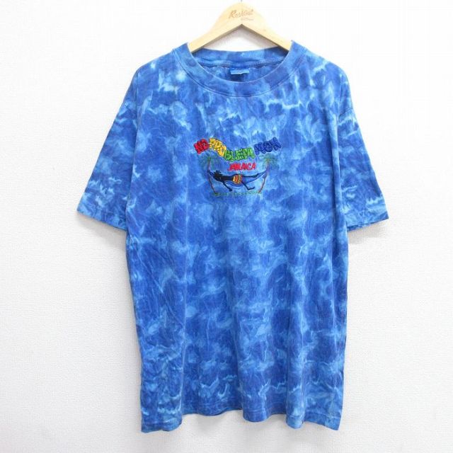 XL★古着 半袖 ビンテージ Tシャツ メンズ 90年代 90s ジャマイカ ハンモック 刺繍 コットン クルーネック 青 ブルー タイダイ 25apr30 中古