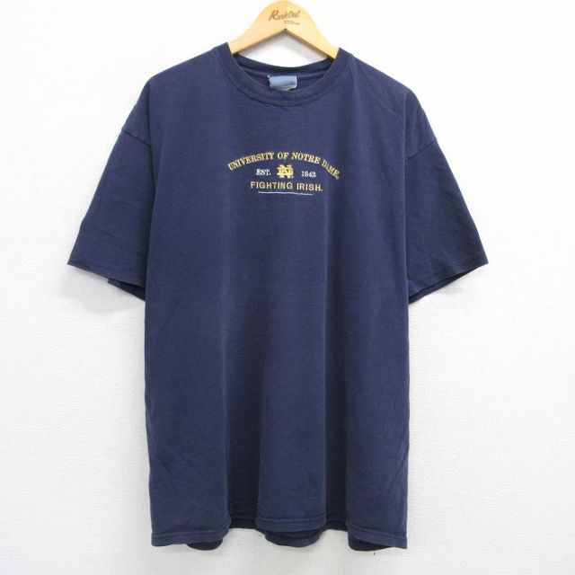【50%OFF】XL★古着 半袖 ビンテージ Tシャツ メンズ 00年代 00s ノートルダム アイリッシュ 大学 刺繍 大きいサイズ クルーネック 紺 ネイビー 25may01 中古