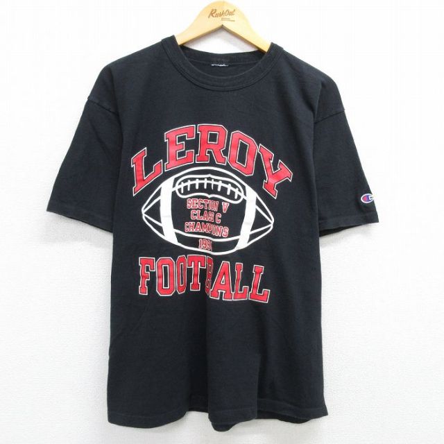 XL★古着 チャンピオン champion 半袖 ビンテージ Tシャツ メンズ 90年代 90s ルロワ フットボール 大きいサイズ クルーネック 黒 ブラック 25may01 中古