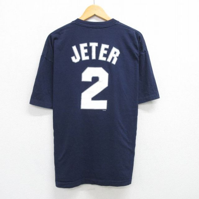 XL★古着 マジェスティック 半袖 ビンテージ Tシャツ メンズ 90年代 90s MLB ニューヨークヤンキース デレクジーター 2 大きいサイズ コットン クルーネック USA製 濃紺 ネイビー メジャーリーグ ベースボール 野球 【spe】 25may01 中古