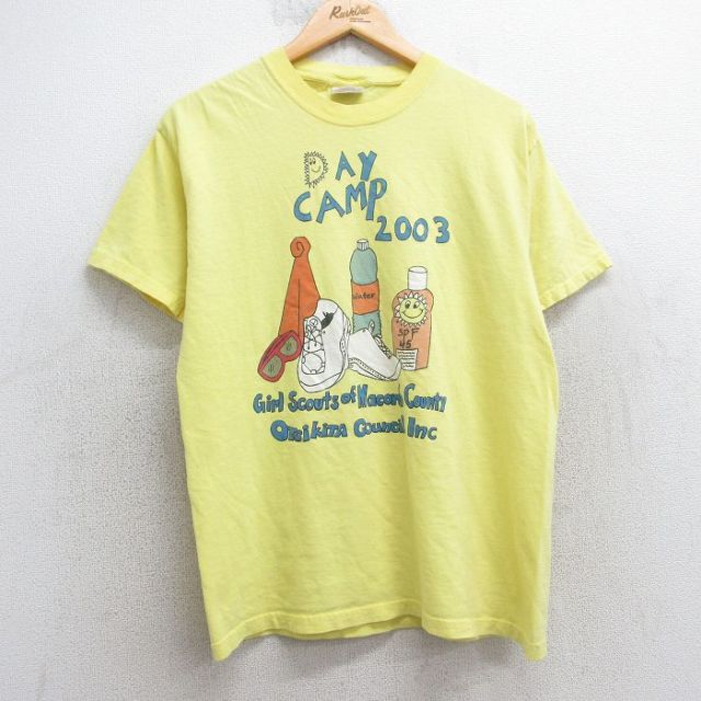 M★古着 ヘインズ Hanes 半袖 ビンテージ Tシャツ メンズ 00年代 00s スニーカー キャンプ コットン クルーネック 黄 イエロー 25may01 中古