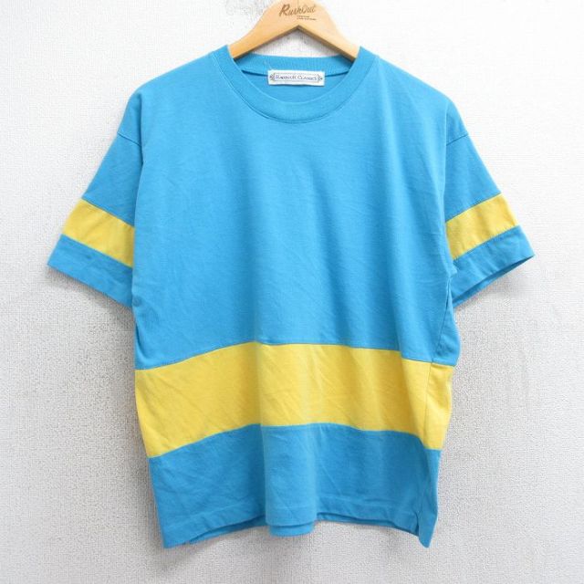 【20%OFF】L★古着 半袖 ビンテージ Tシャツ メンズ 90年代 90s ツートンカラー クルーネック 水色他 25may01 中古