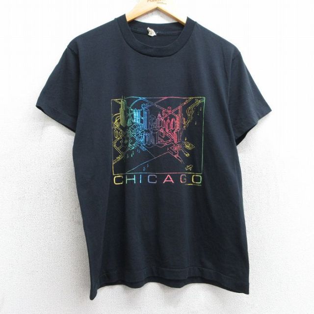 L★古着 スクリーンスターズ 半袖 ビンテージ Tシャツ メンズ 80年代 80s シカゴ クルーネック USA製 黒 ブラック 25may01 中古