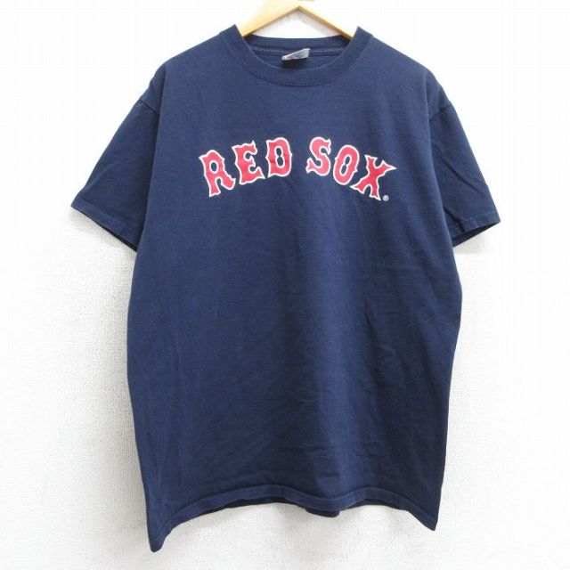 XL★古着 マジェスティック 半袖 ビンテージ Tシャツ メンズ 00年代 00s MLB ボストンレッドソックス コットン クルーネック 紺 ネイビー メジャーリーグ ベースボール 野球 25may01 中古
