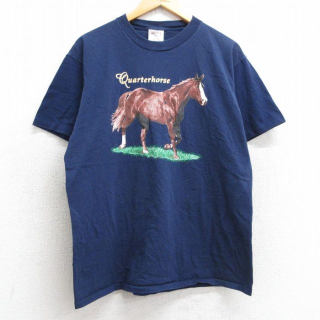L★古着 オニータ ONEITA 半袖 ビンテージ Tシャツ メンズ 90年代 90s 馬 コットン クルーネック 紺 ネイビー 25may01 中古