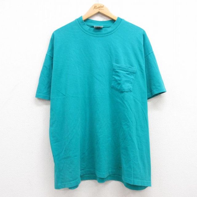 XL★古着 ヘインズ Hanes 半袖 ビンテージ Tシャツ メンズ 90年代 90s 無地 胸ポケット付き コットン クルーネック USA製 青緑 25may01 中古