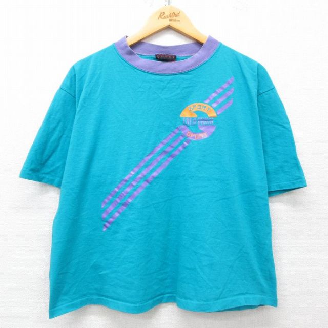 XL★古着 半袖 ビンテージ Tシャツ メンズ 90年代 90s カリフォルニア 大きいサイズ ショート丈 コットン クルーネック USA製 水色 25may01 中古