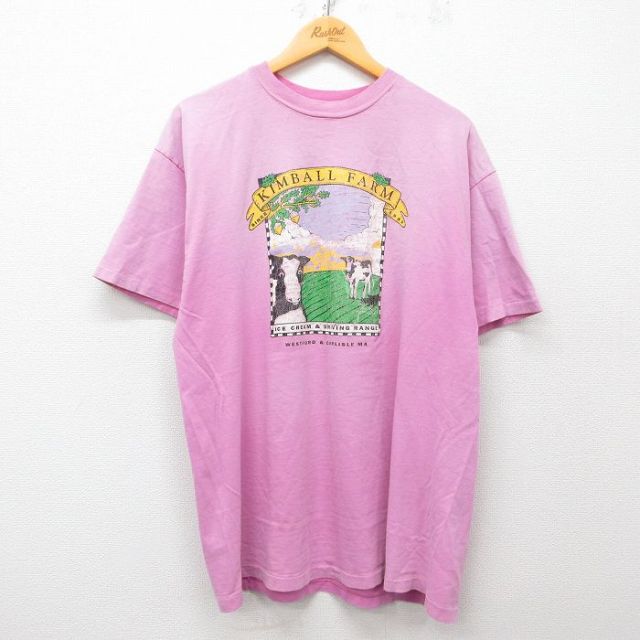 XL★古着 ヘインズ Hanes 半袖 ビンテージ Tシャツ メンズ 80年代 80s ウシ コットン クルーネック USA製 ピンク 25may01 中古