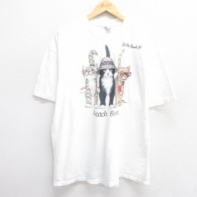 XL★古着 ヘインズ Hanes 半袖 ビンテージ Tシャツ メンズ 00年代 00s ネコ 両面プリント 大きいサイズ コットン クルーネック 白 ホワイト 【spe】 25may01 中古