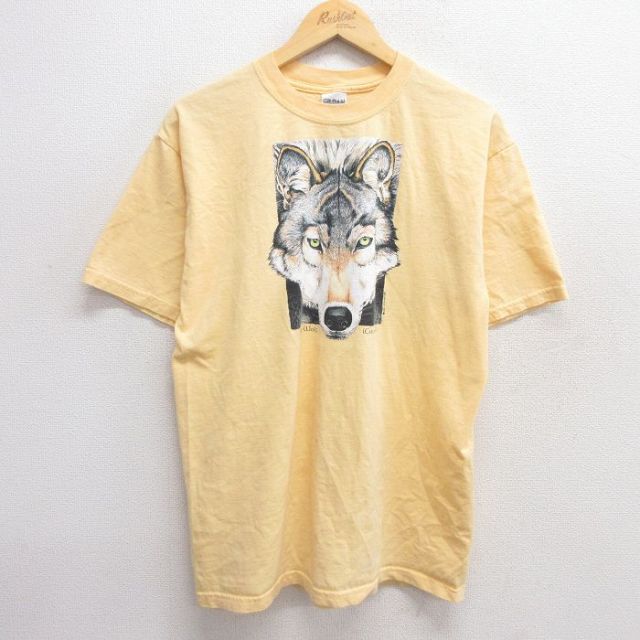 M★古着 半袖 ビンテージ Tシャツ メンズ 00年代 00s オオカミ コットン クルーネック 黄 イエロー 25may01 中古