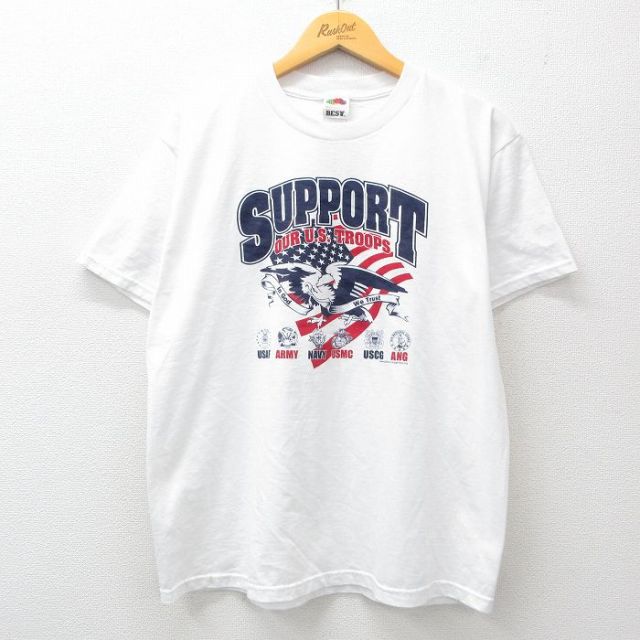 L★古着 フルーツオブザルーム 半袖 ビンテージ Tシャツ メンズ 00年代 00s ミリタリー 鳥 星条旗 アーミー ARMY クルーネック 白 ホワイト 25may01 中古