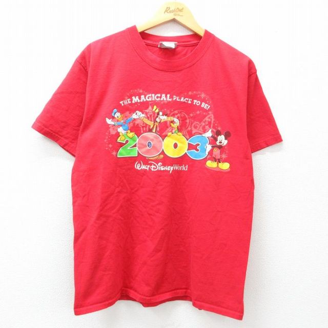 L★古着 半袖 ビンテージ Tシャツ メンズ 00年代 00s ディズニー DISNEY ミッキー MICKEY MOUSE ドナルド グーフィー コットン クルーネック 赤 レッド 25may01 中古