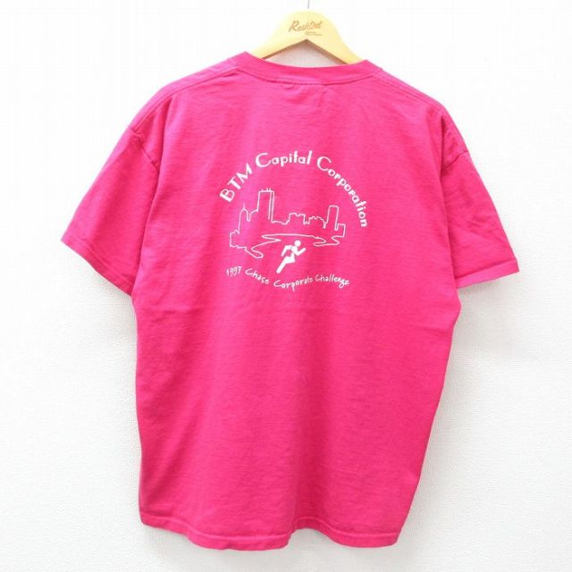 XL★古着 リー Lee 半袖 ビンテージ Tシャツ メンズ 90年代 90s BTM マラソン 大きいサイズ コットン クルーネック USA製 濃ピンク 25may01 中古