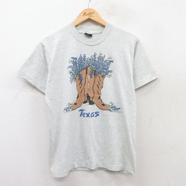 M★古着 フルーツオブザルーム 半袖 ビンテージ Tシャツ メンズ 90年代 90s ウエスタンブーツ 花 テキサス クルーネック USA製 薄グレー 霜降り 25may02 中古