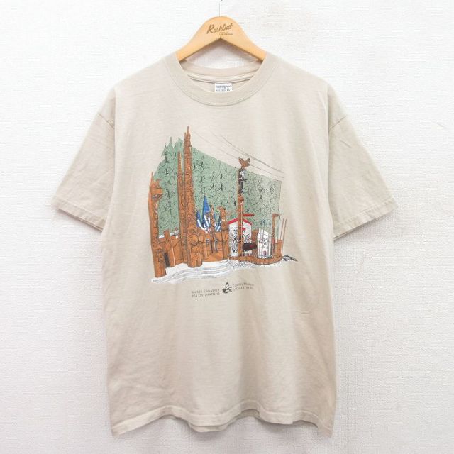 L★古着 半袖 ビンテージ Tシャツ メンズ 00年代 00s カナダ 博物館 コットン クルーネック ベージュ カーキ 25may02 中古