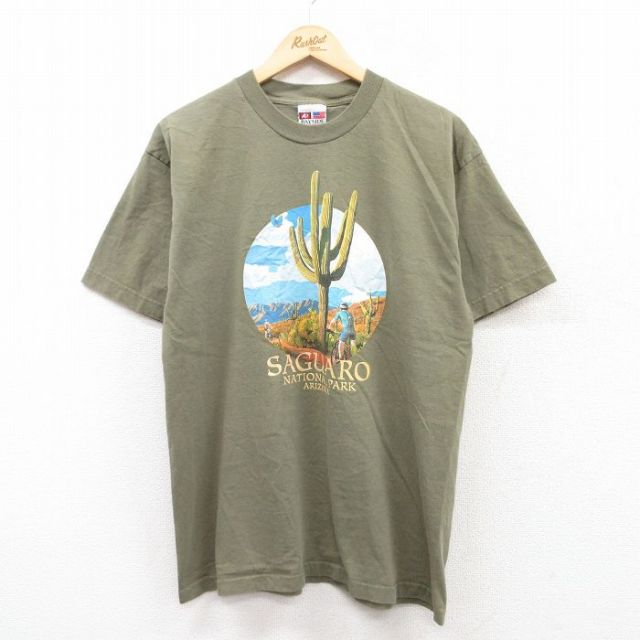 L★古着 半袖 ビンテージ Tシャツ メンズ 90年代 90s サボテン サグアロ コットン クルーネック USA製 濃緑系 グリーン 25may02 中古