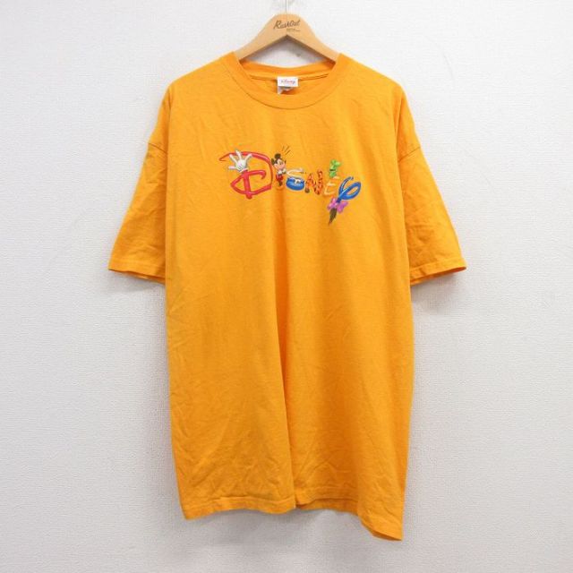 【50%OFF】XL★古着 半袖 ビンテージ Tシャツ メンズ 00年代 00s ディズニー DISNEY ミッキー MICKEY MOUSE 大きいサイズ ロング丈 コットン クルーネック 黄 イエロー 25may02 中古