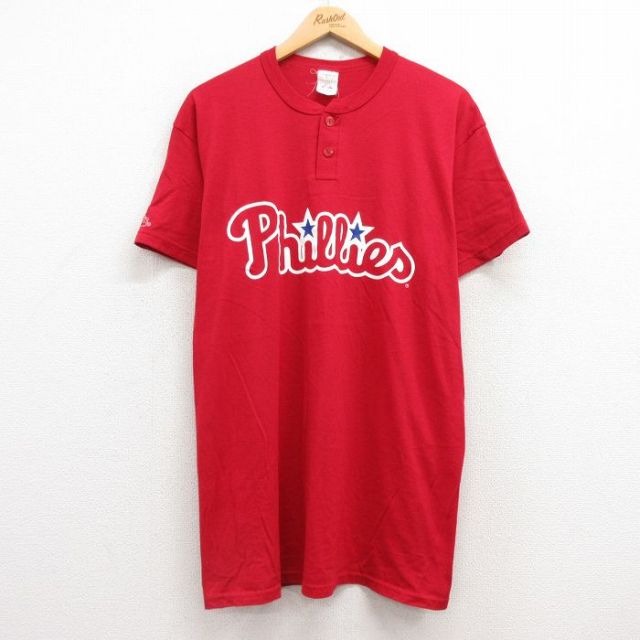 【50%OFF】L★古着 マジェスティック 半袖 ビンテージ Tシャツ メンズ 00年代 00s MLB フィラデルフィアフィリーズ ヘンリーネック 赤 レッド メジャーリーグ ベースボール 野球 25may02 中古