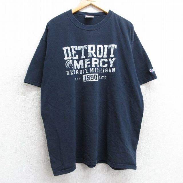 XL★古着 チャンピオン champion 半袖 ビンテージ Tシャツ メンズ 00年代 00s デトロイトマーシー 大きいサイズ クルーネック 紺 ネイビー 25may02 中古