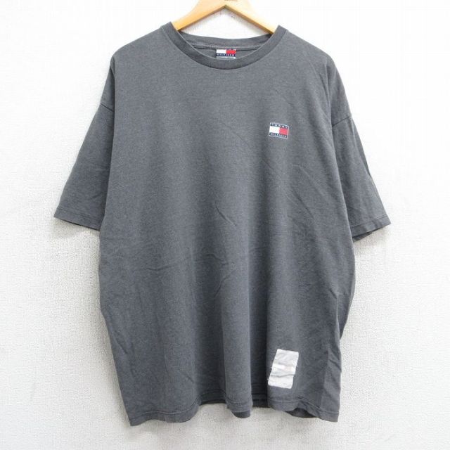 XL★古着 トミーヒルフィガー TOMMY HILFIGER 半袖 ビンテージ ブランド Tシャツ メンズ 90年代 90s ワンポイントロゴ 大きいサイズ コットン クルーネック USA製 濃グレー 霜降り 【spe】 25may02 中古