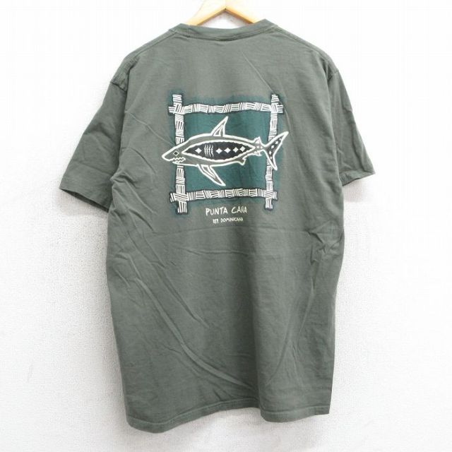 L★古着 半袖 ビンテージ Tシャツ メンズ 00年代 00s サメ プンタカナ クルーネック 濃緑 グリーン 25may02 中古