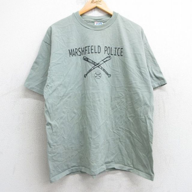 XL★古着 ヘインズ Hanes 半袖 ビンテージ Tシャツ メンズ 90年代 90s ベースボール 野球 ポリス 11 コットン クルーネック USA製 薄緑系 グリーン 25may02 中古