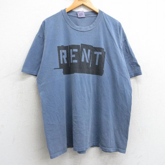 XL★古着 半袖 ビンテージ Tシャツ メンズ 90年代 90s RENT 大きいサイズ コットン クルーネック USA製 薄紺 ネイビー 25may02 中古